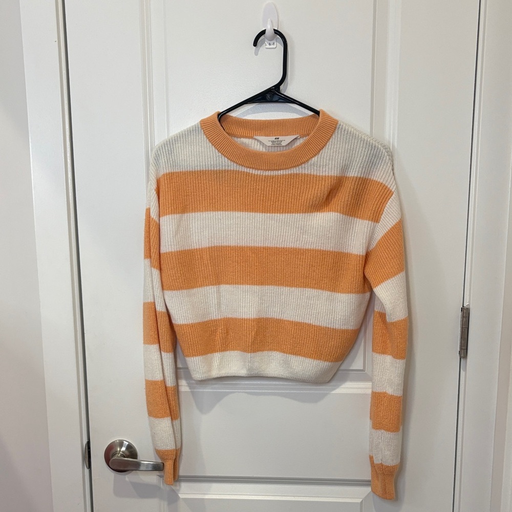 H&M Orange and White Striped Crew Neck Sweater